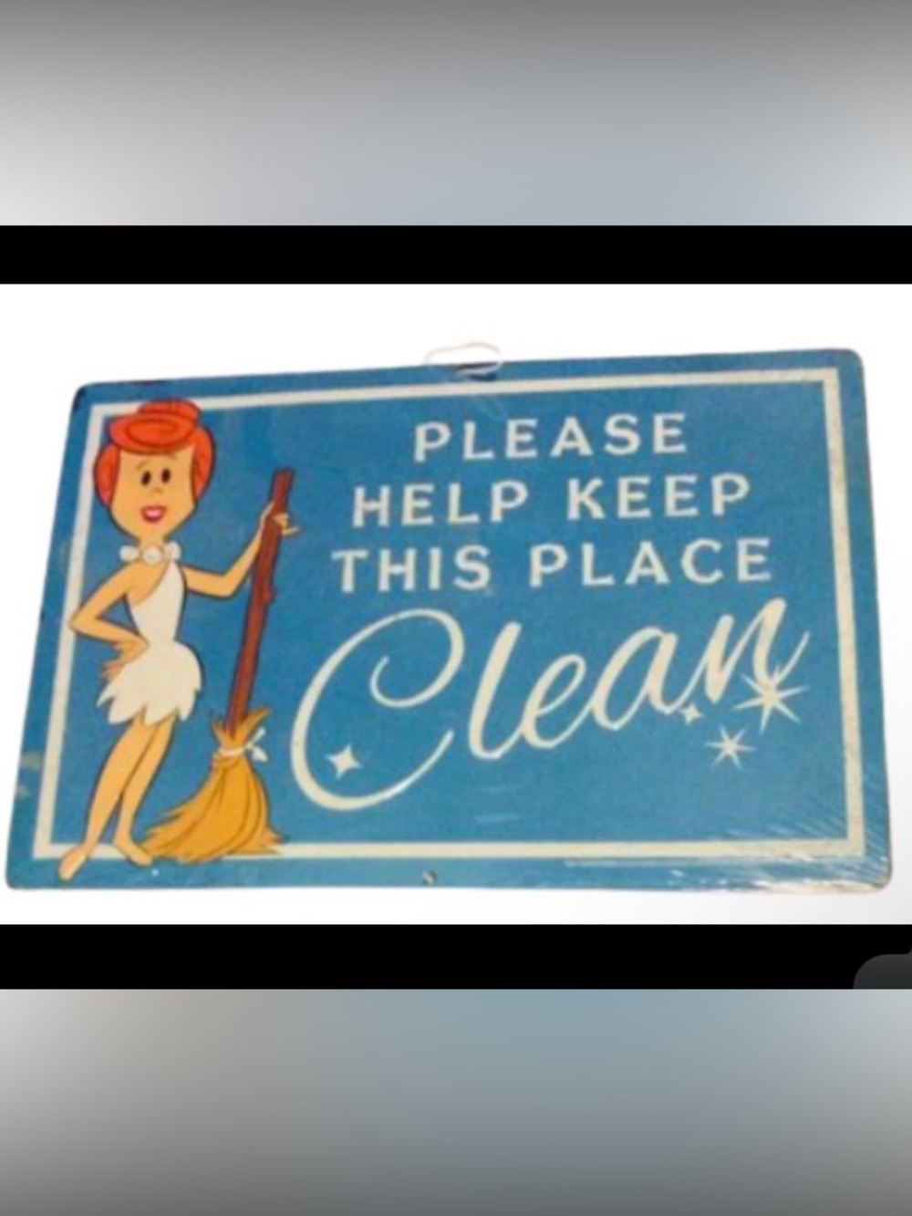 Flintstones Wilma Help Keep This Place Clean Embossed Metal Sign 11 in. x 8 in.